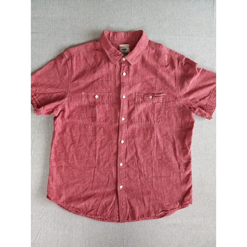 Old Navy Men's XL Slim Fit Double Breasted Linen/Cotton Buttons Short Sleeve Red